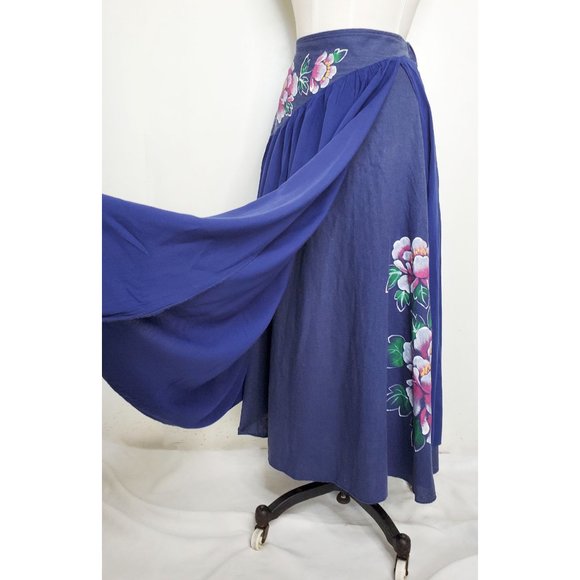 Vintage Womens Handmade Handpainted Floral Layered Flared Skirt Blue XS/S - Picture 3 of 13